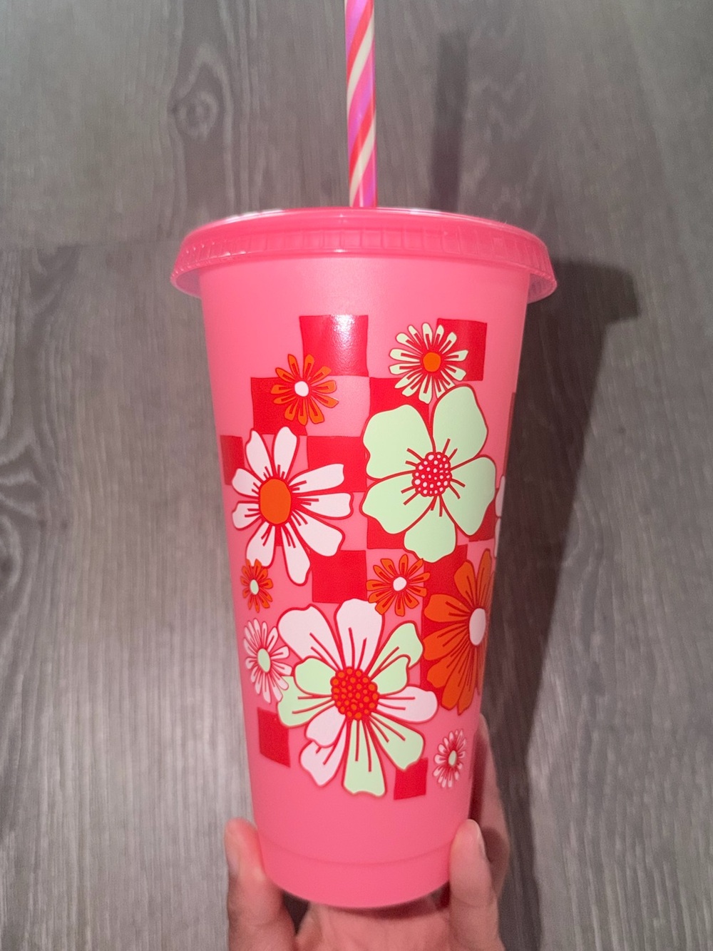 Starbucks Hot Pink Floral Color Changing Cold Cup w/ Matching Striped Straw